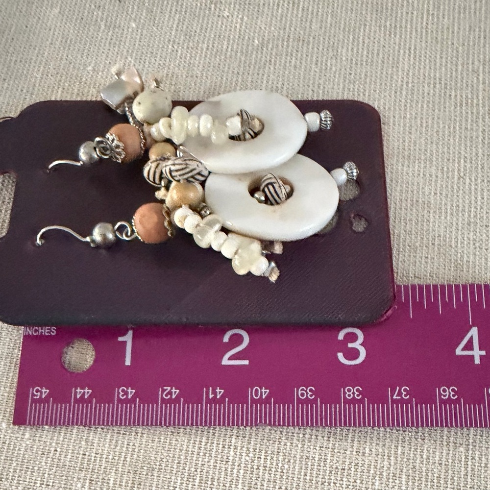 Handcrafted White Shell Hoop Drop Earrings with Natural Beads - Picture 2 of 3